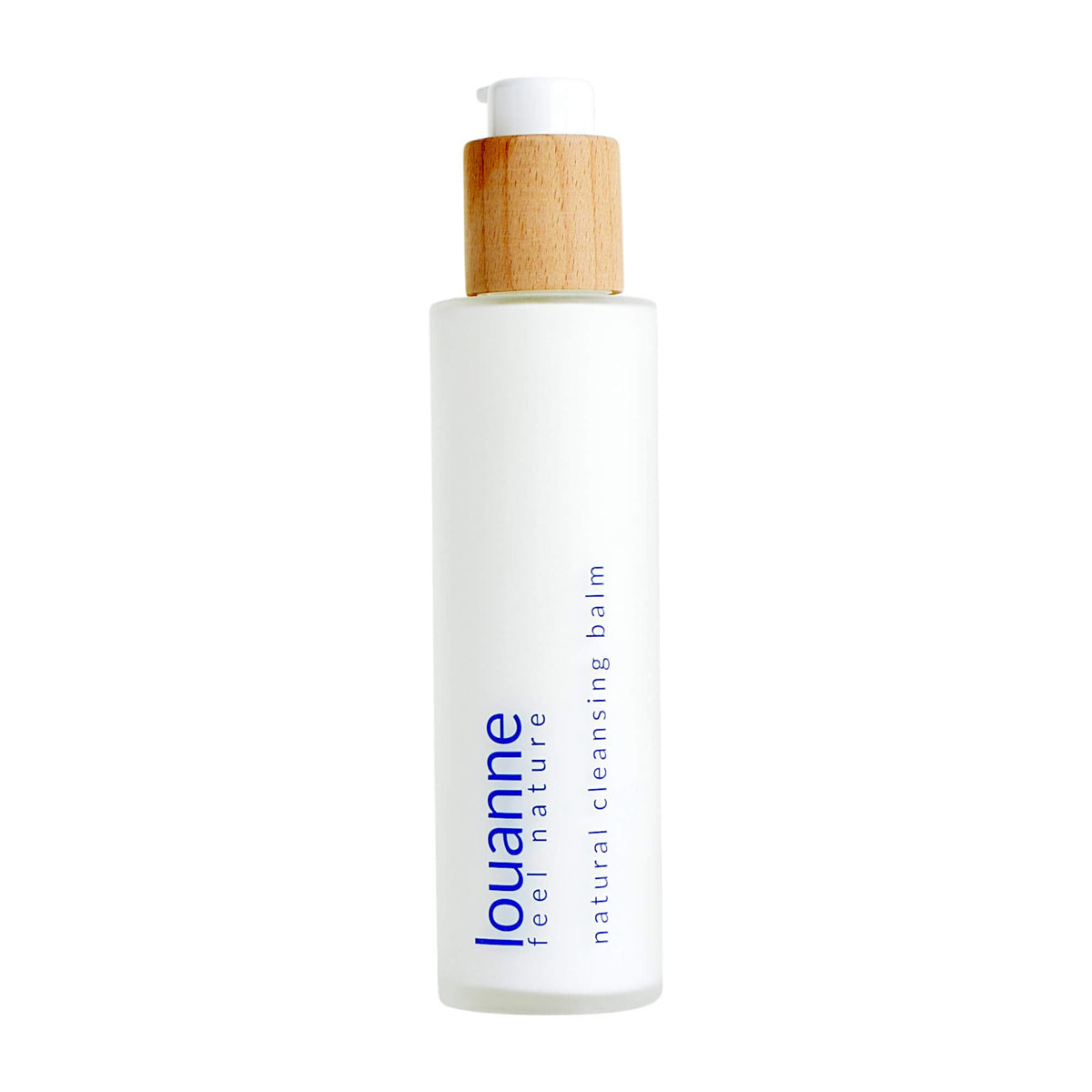 Louanne feel nature – palmölfreier Natural Cleansing Balm in eleganter, matter Glasflasche mit Holzpumpe, freigestellt auf weißem Hintergrund