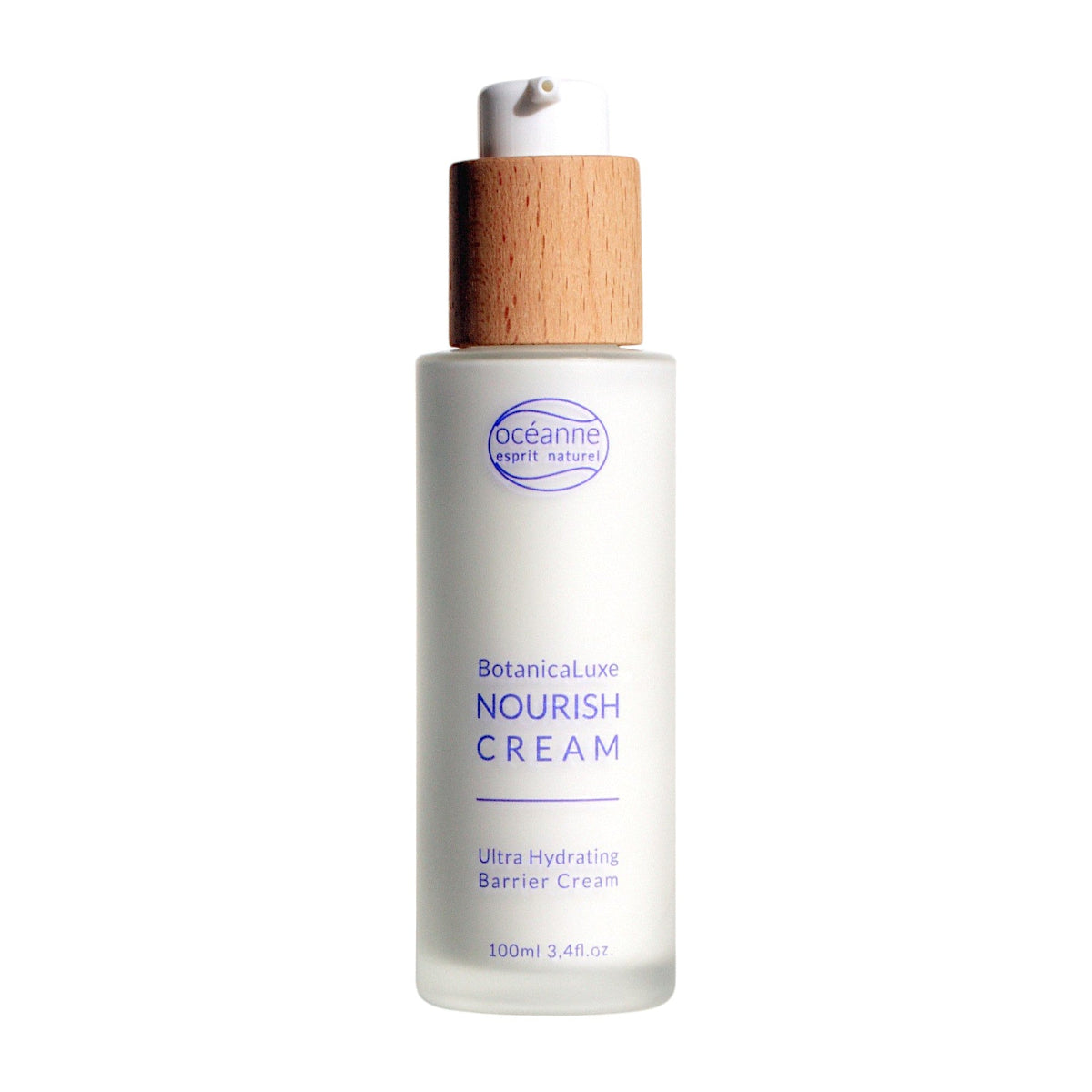 Freigestellter Flakon der palmölfreien Nourish Cream von Esprit Naturel mit Holzverschluss und dezentem violettem Label – vegane, ultra-hydratisierende Naturkosmetik in 100 ml Glasflasch