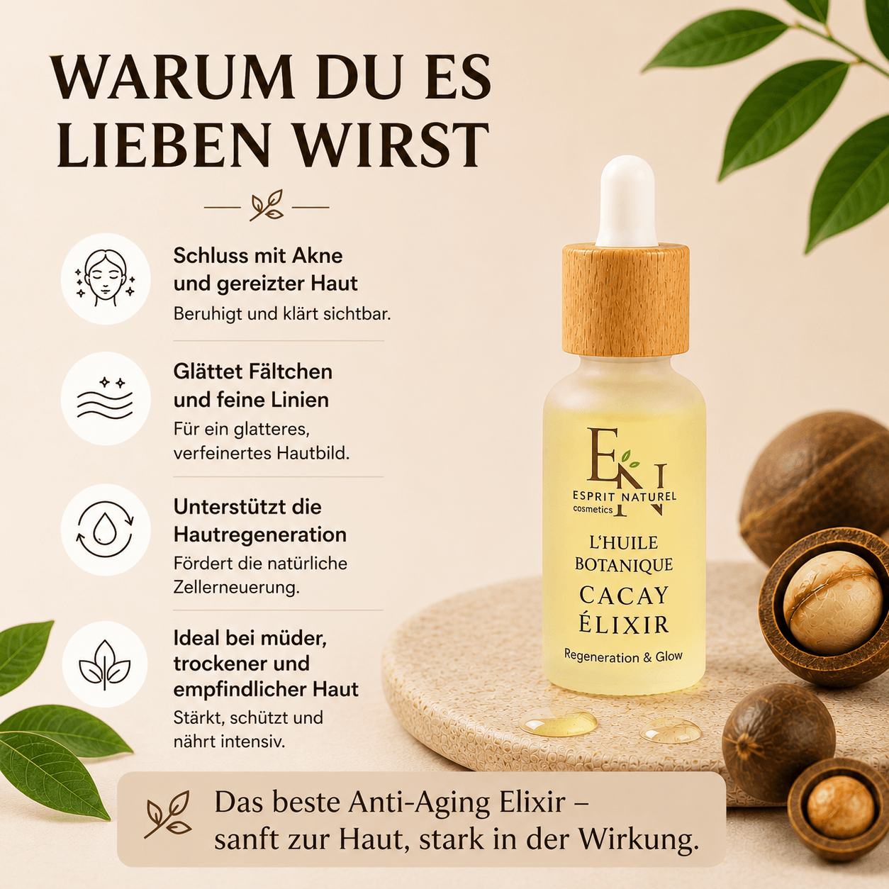 Natürliches Cacay Elixir mit pflanzlichem Retinol aus Cacayöl für intensive Regeneration, weniger Fältchen und sichtbar beruhigte Haut – sanftes Anti-Aging Öl für jeden Hauttyp.