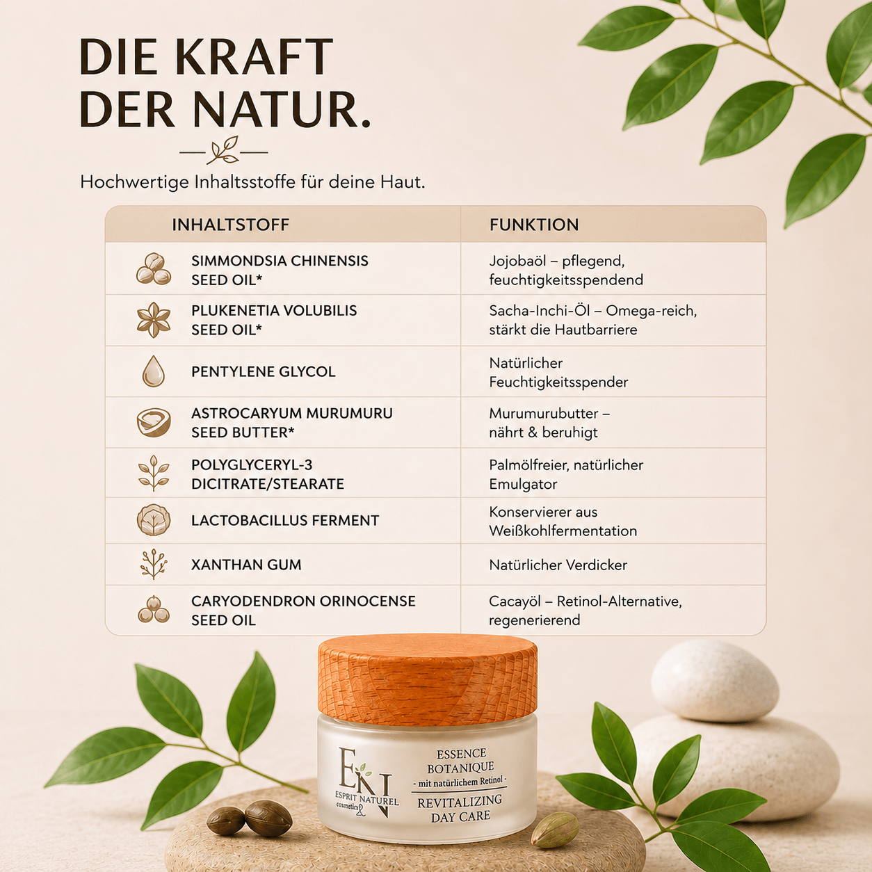 Natürliche Revitalizing Day Care mit wertvollen Inhaltsstoffen wie Cacayöl, Jojobaöl und Murumurubutter für intensive Pflege, Feuchtigkeit und ein sichtbar ausgeglichenes Hautbild