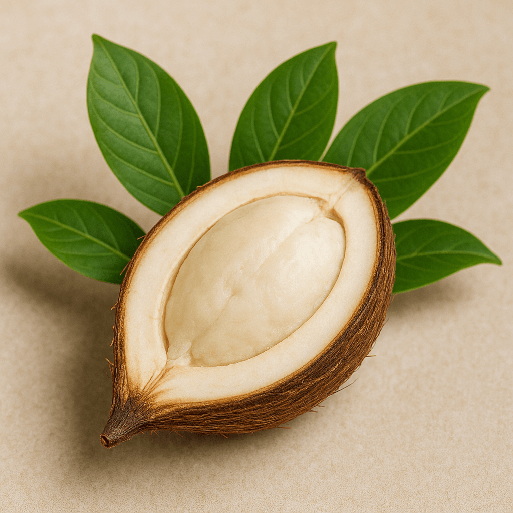 Geöffnete Babassu-Frucht mit sichtbarem, weißem Fruchtkern und brauner Schale, dekorativ präsentiert mit frischen, grünen Blättern auf hellem Hintergrund