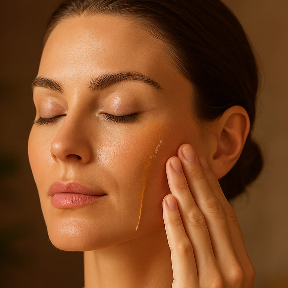 Junge Frau mit geschlossenen Augen trägt sanft goldfarbenes Cacayöl auf ihre Wange auf – natürliche Hautpflege mit veganer Naturkosmetik