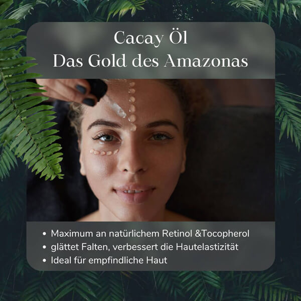 Bio Cacayöl auf der Haut, natürliches Retinol und Tocopherol,palmölfreie Anti-Ageing Pflege 