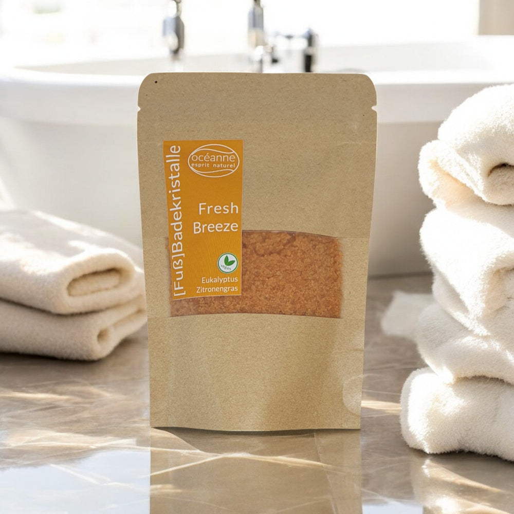 Fresh Breeze Badekristalle mit Zitronengras und Eukalyptus in nachhaltiger Papierverpackung – veganes Wellnessprodukt für belebende und erfrischende Bäder