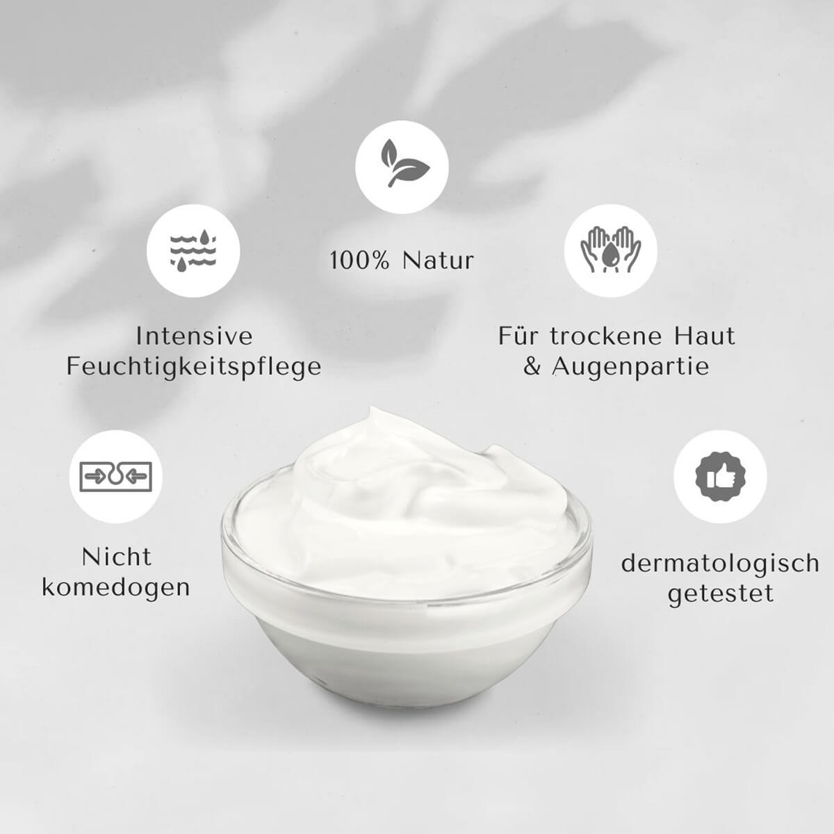 palmölfreie Naturkosmetik-Creme in Glasschale, umgeben von Icons: 100 % Natur, intensive Feuchtigkeitspflege, für trockene Haut & Augenpartie, nicht komedogen, dermatologisch getestet