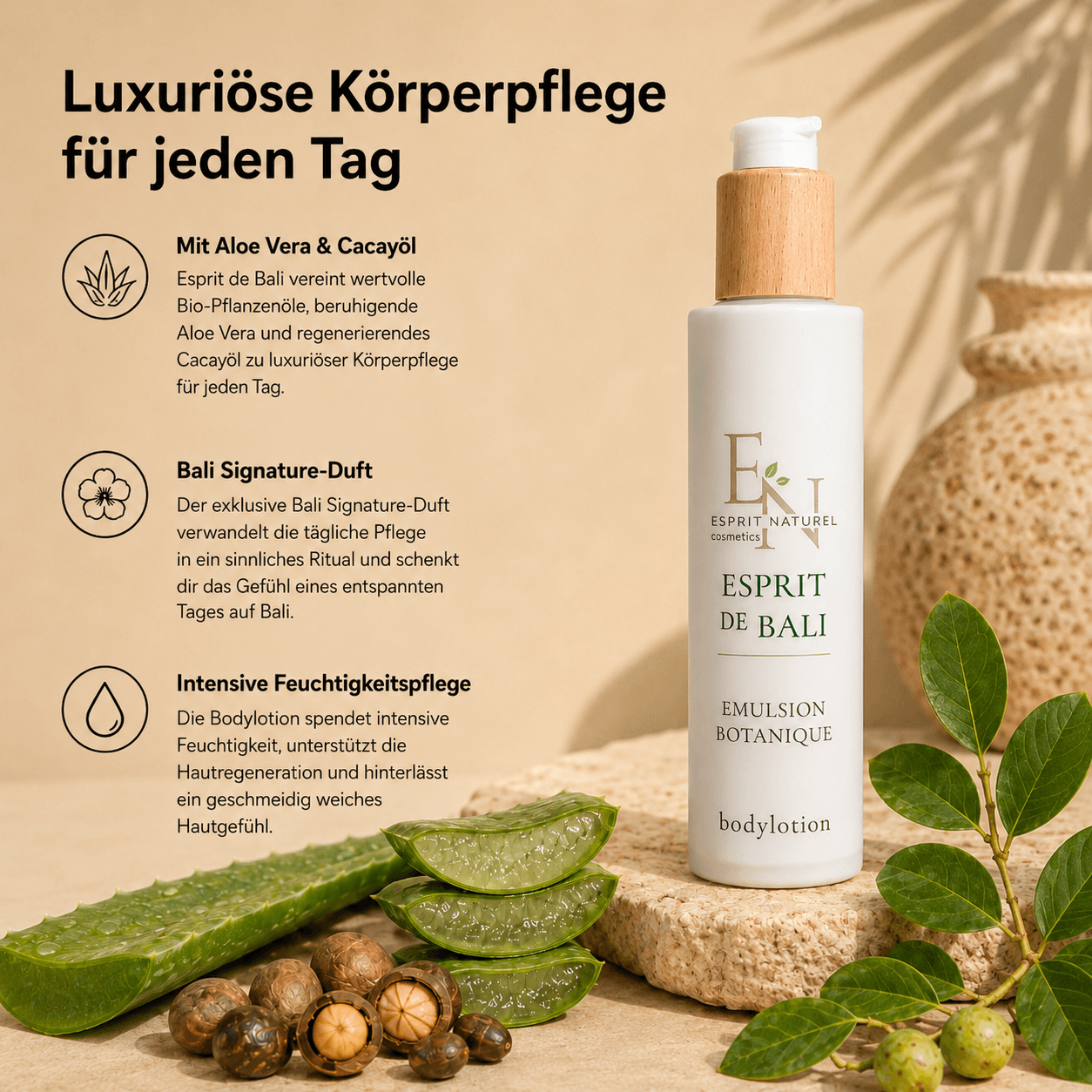 Esprit de Bali Bodylotion mit Aloe Vera und Cacayöl. Natürliche Feuchtigkeitspflege für geschmeidige Haut mit Bali Signature-Duft aus Orange, Rosenholz und Benzoe