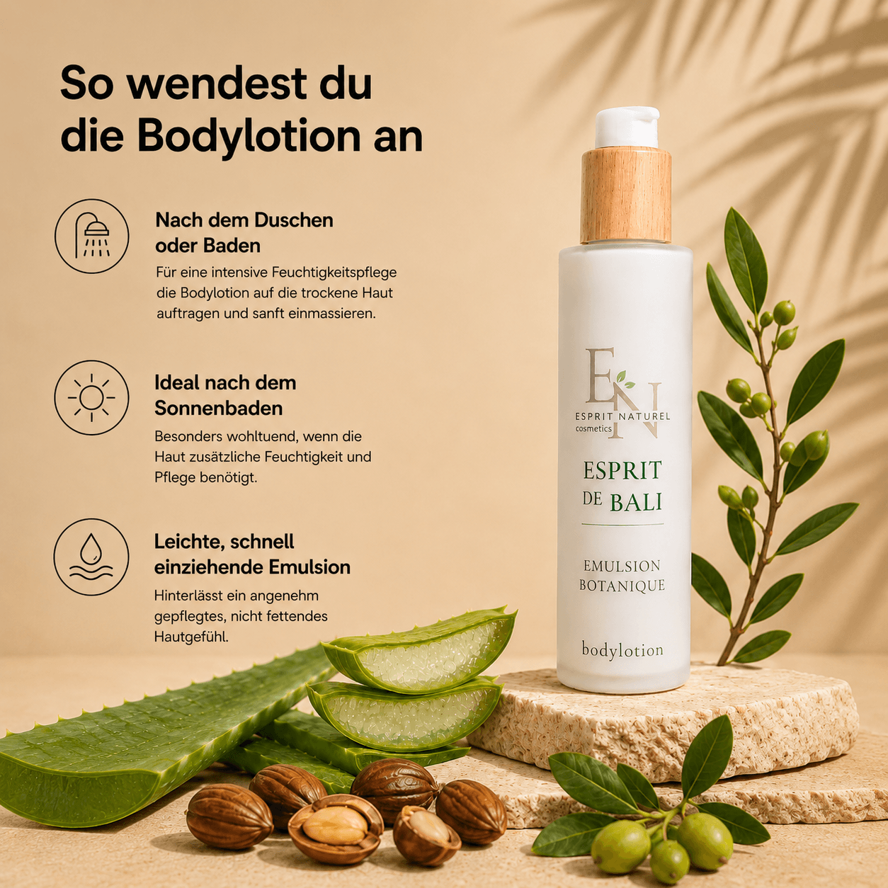 Anwendung der Esprit de Bali Bodylotion mit Aloe Vera und natürlichem Retinol aus Cacayöl. Schnell einziehende Feuchtigkeitspflege für die tägliche Körperpflege und als beruhigende After-Sun Lotion