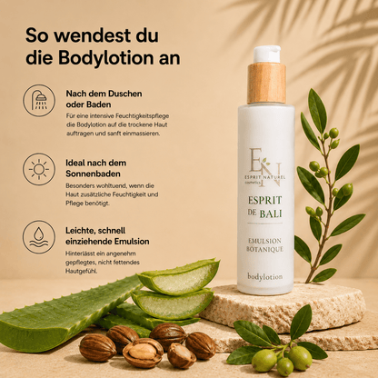 Anwendung der Esprit de Bali Bodylotion mit Aloe Vera und natürlichem Retinol aus Cacayöl. Schnell einziehende Feuchtigkeitspflege für die tägliche Körperpflege und als beruhigende After-Sun Lotion