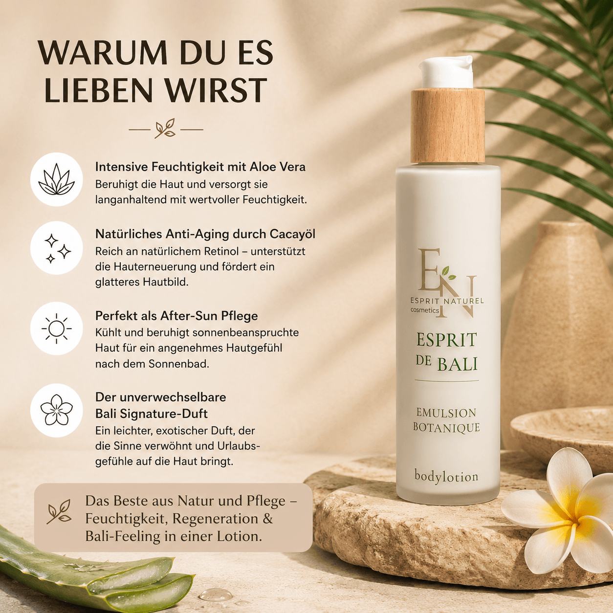 Esprit de Bali Bodylotion mit Aloe Vera und Cacayöl auf natürlichem Stein. Feuchtigkeitsspendende Naturkosmetik für Regeneration und After-Sun Pflege mit Bali Signature-Duft