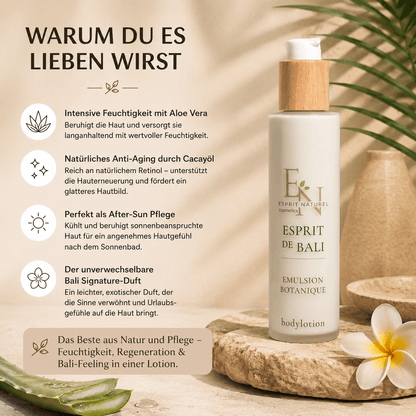 Esprit de Bali Bodylotion mit Aloe Vera und Cacayöl auf natürlichem Stein. Feuchtigkeitsspendende Naturkosmetik für Regeneration und After-Sun Pflege mit Bali Signature-Duft