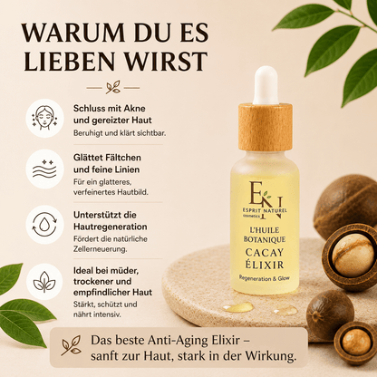Natürliches Cacay Elixir mit pflanzlichem Retinol aus Cacayöl für intensive Regeneration, weniger Fältchen und sichtbar beruhigte Haut – sanftes Anti-Aging Öl für jeden Hauttyp.