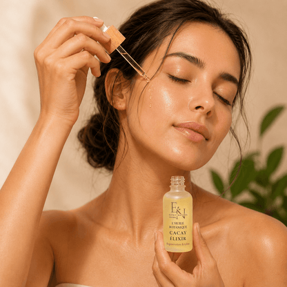 Frau trägt Esprit Naturel Cacay Elixir Gesichtsöl mit Pipette auf – natürliches Anti-Aging Öl für regenerierte und strahlende Haut