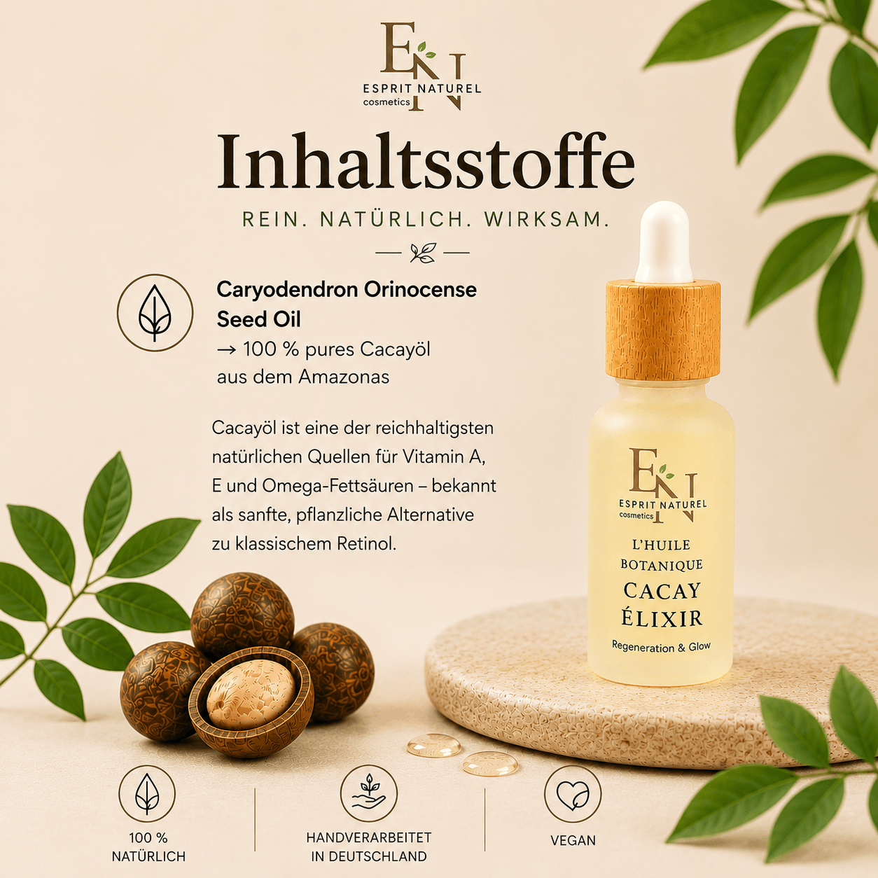 Esprit Naturel Cacay Elixir mit natürlichen Inhaltsstoffen und reinem Cacayöl aus dem Amazonas – veganes Gesichtsöl für Regeneration und Glow