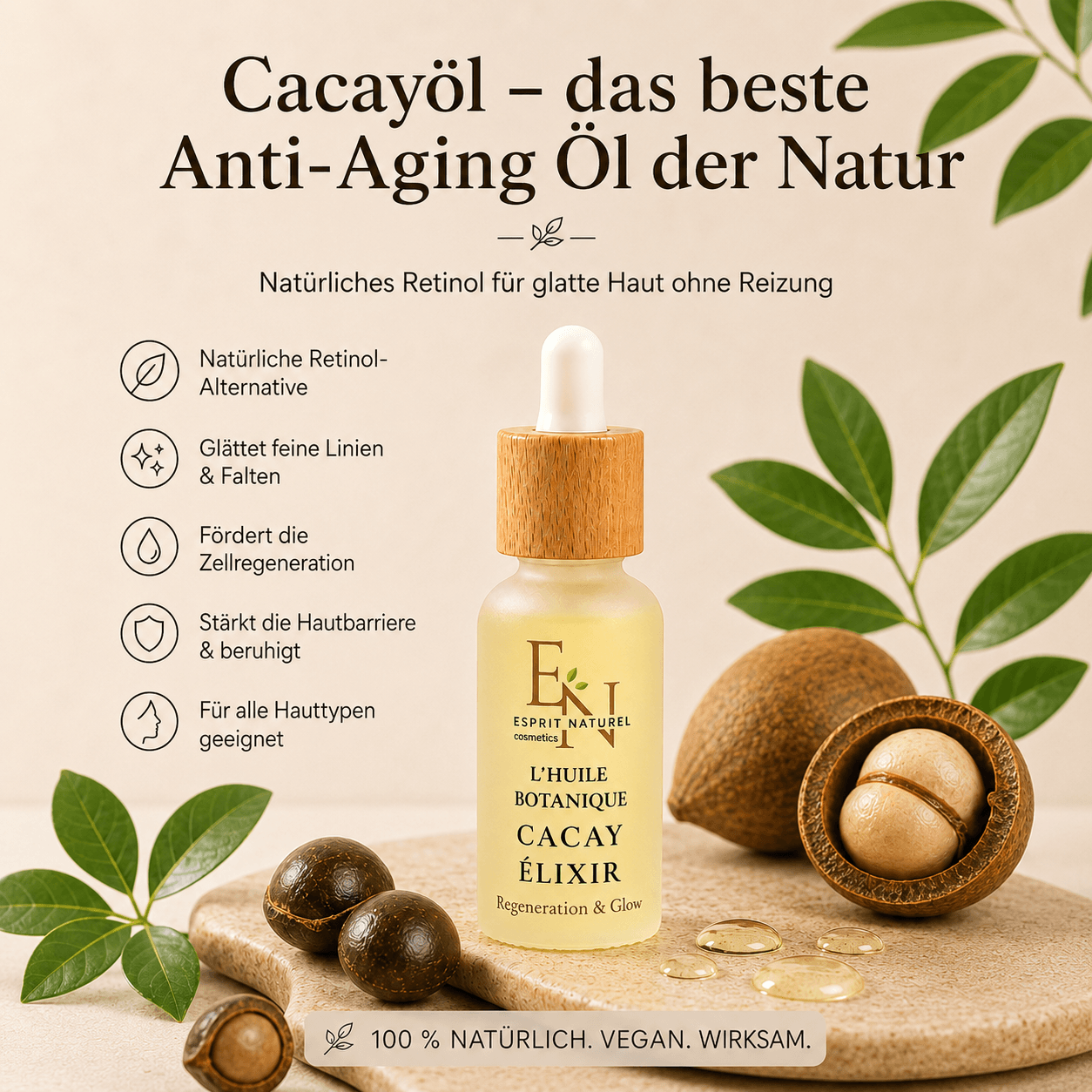 Esprit Naturel Cacay Elixir mit natürlichem Retinol aus Cacayöl – veganes Anti-Aging Gesichtsöl für glatte und strahlende Haut
