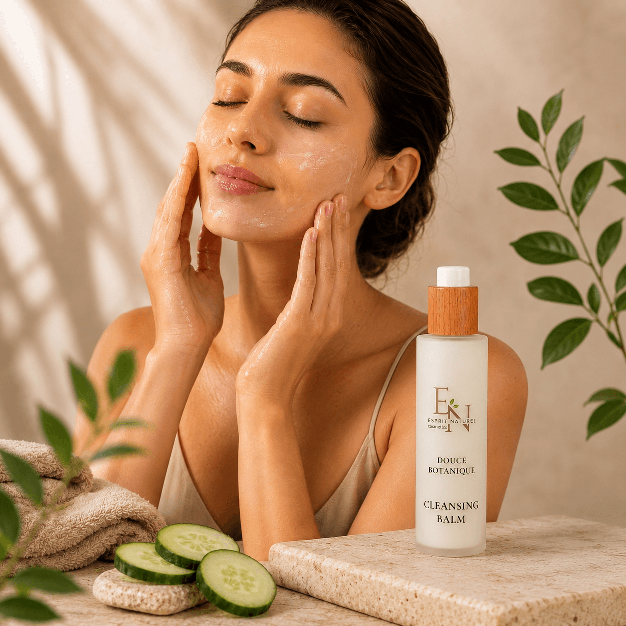 Frau bei der natürlichen Gesichtsreinigung mit Esprit Naturel Cleansing Balm für frische, gepflegte und strahlende Haut im Spa-Look