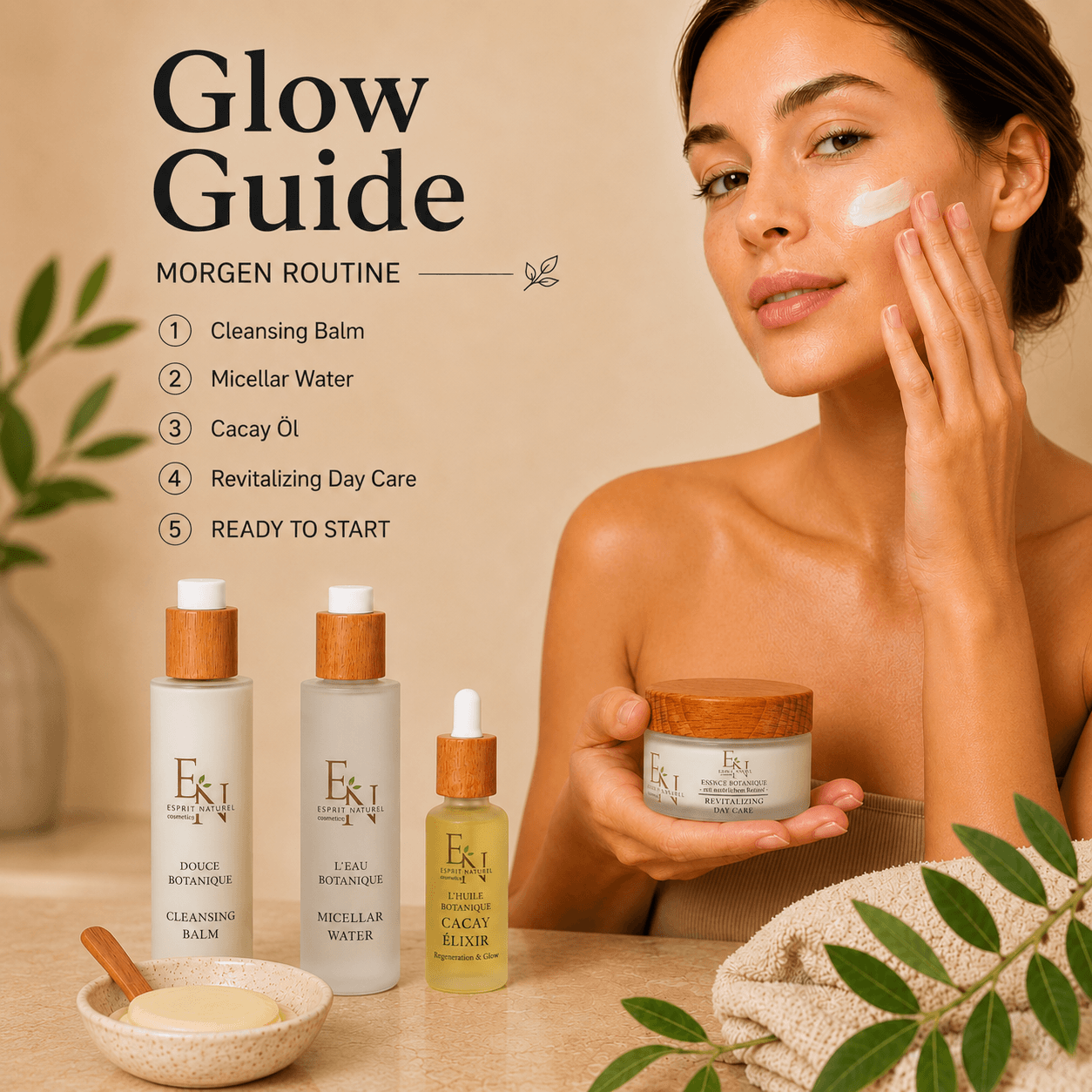 sprit Naturel Glow Guide Morgenroutine mit Cleansing Balm, Micellar Water, Cacay Elixir und Revitalizing Day Care für strahlend gepflegte Haut
