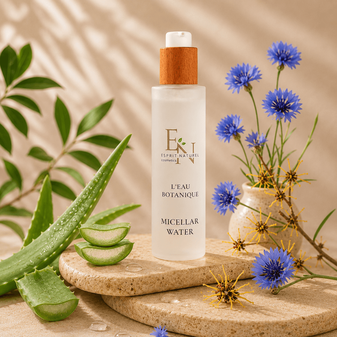Esprit Naturel Micellar Water mit Aloe Vera, Kornblumen und Hamamelis auf Steinplatte – sanftes Mizellenwasser für empfindliche Haut