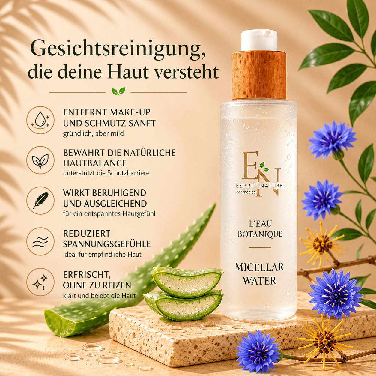 Esprit Naturel Micellar Water für sanfte Gesichtsreinigung – natürliches Mizellenwasser mit Aloe Vera und Kornblumenextrakt zur Entfernung von Make-up und Schmutz bei empfindlicher Haut