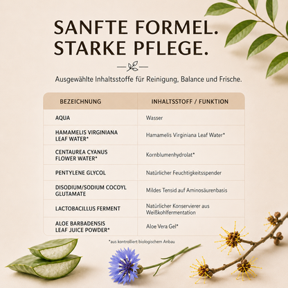 Inhaltsstoffe des Esprit Naturel Micellar Water mit Aloe Vera, Hamamelis und Kornblumenhydrolat – sanfte natürliche Gesichtsreinigung für empfindliche Haut