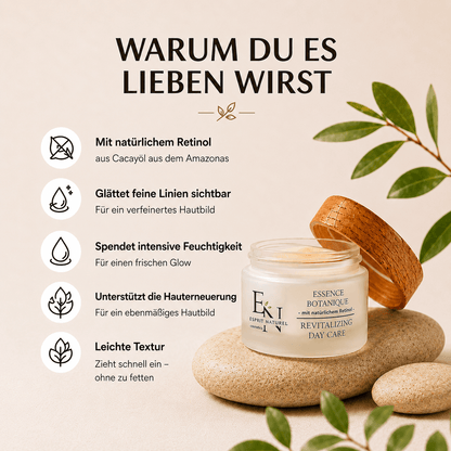 Natürliche Revitalizing Day Care mit Cacayöl und natürlichem Retinol für intensive Feuchtigkeit, sichtbar glattere Haut und einen frischen Glow – sanfte Anti-Aging Pflege von Esprit Naturel.