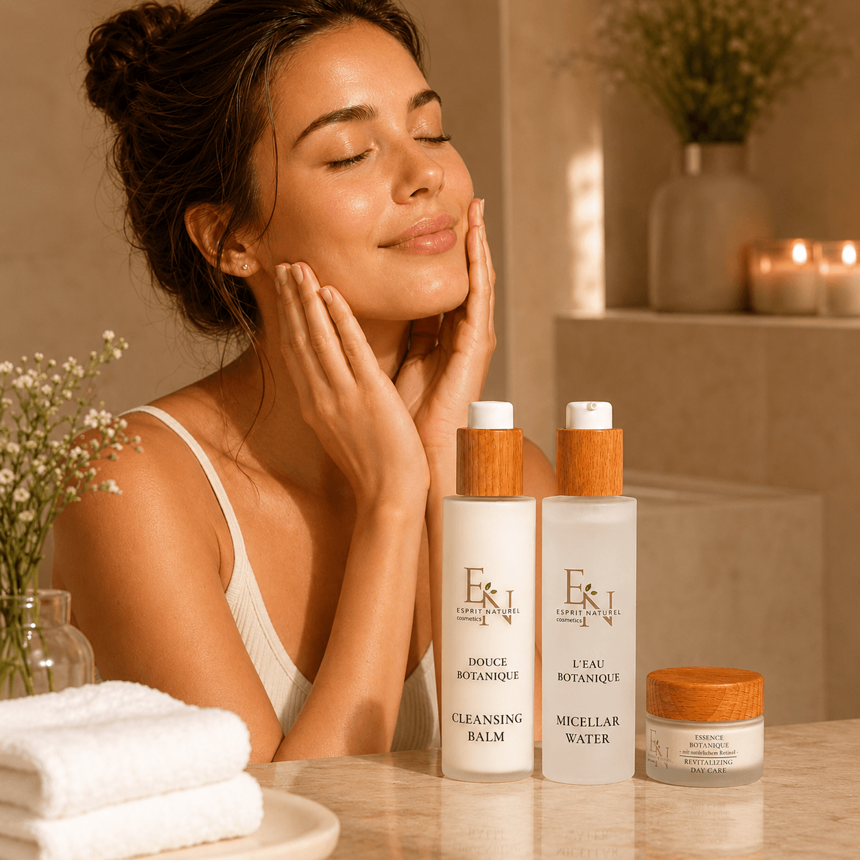 Frau genießt natürliche Hautpflege mit Esprit Naturel Cleansing Balm, Micellar Water und Revitalizing Day Care in entspannter Spa-Atmosphäre