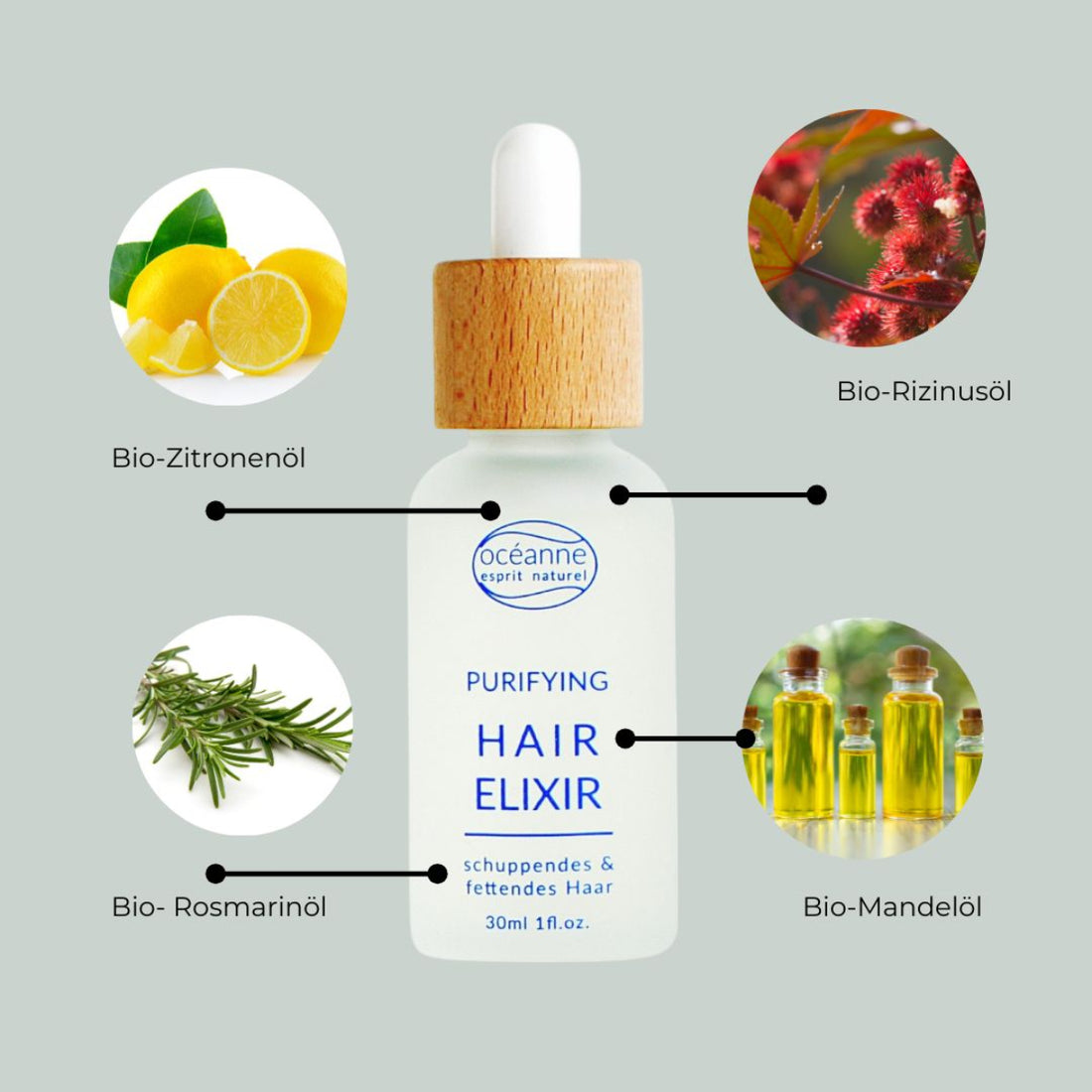 Purifying Hair Eixir, Zitronenöl, Rosmarinöl, Schuppen, fettendes Haar, fettige Schuppen Haarwachstumg, vegan, Mandelöl, Rizinusöl